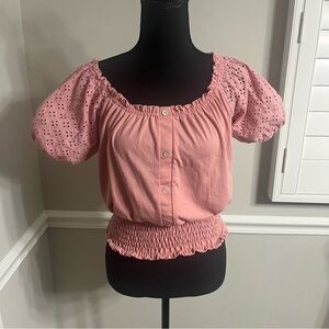 Ivy Ridge Short Sleeve Crop Top Shirt Sz S Eyelet Sleeves Smocked Waist